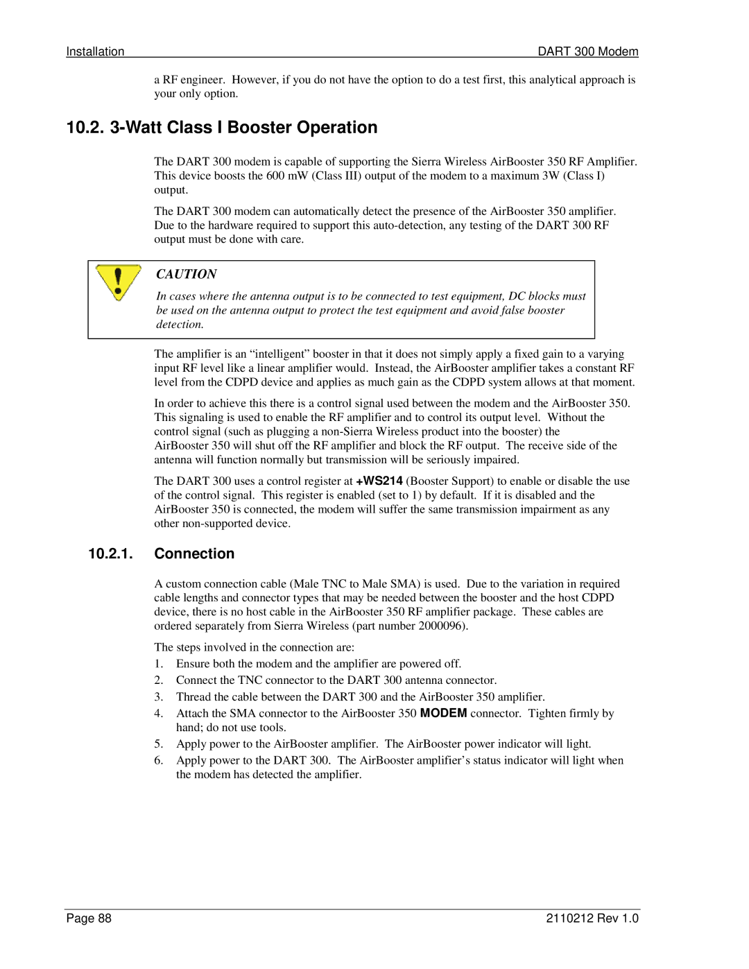 Sierra Wireless DART 300 manual Watt Class I Booster Operation, Connection, Installation Dart 300 Modem 