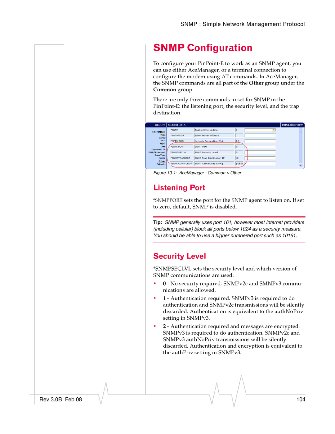 Sierra Wireless EV-DO manual Snmp Configuration, Listening Port, Security Level 