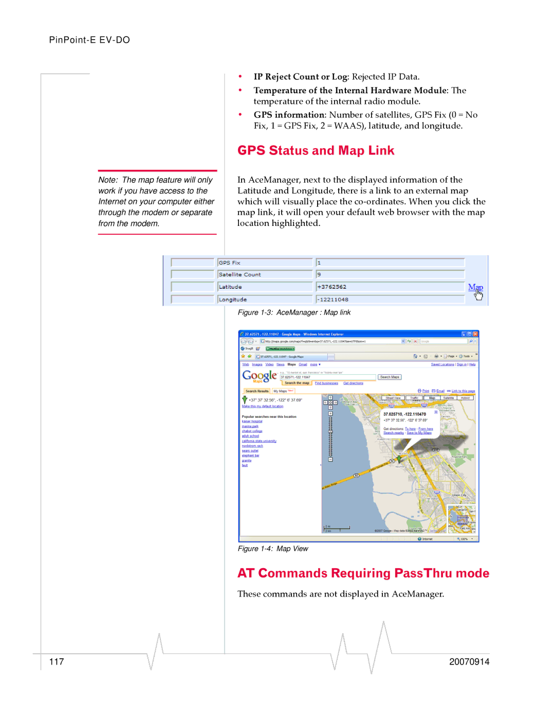 Sierra Wireless EV-DO manual GPS Status and Map Link, AT Commands Requiring PassThru mode 