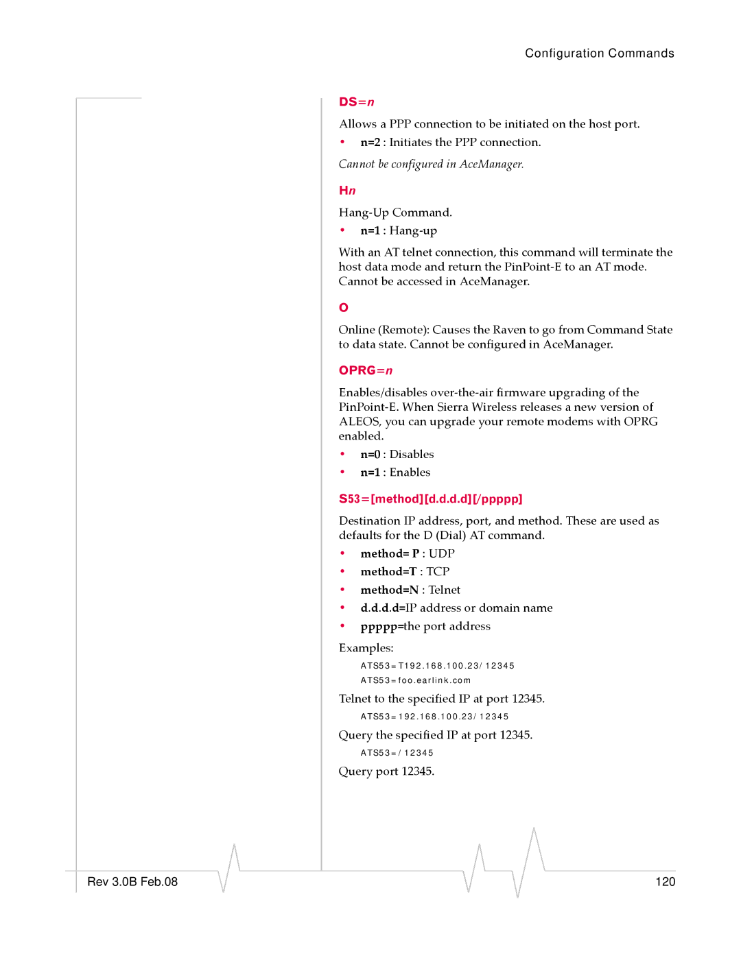 Sierra Wireless EV-DO manual DS=n, OPRG=n, S53=methodd.d.d.d/ppppp, Method= P UDP Method=T TCP Method=N Telnet 