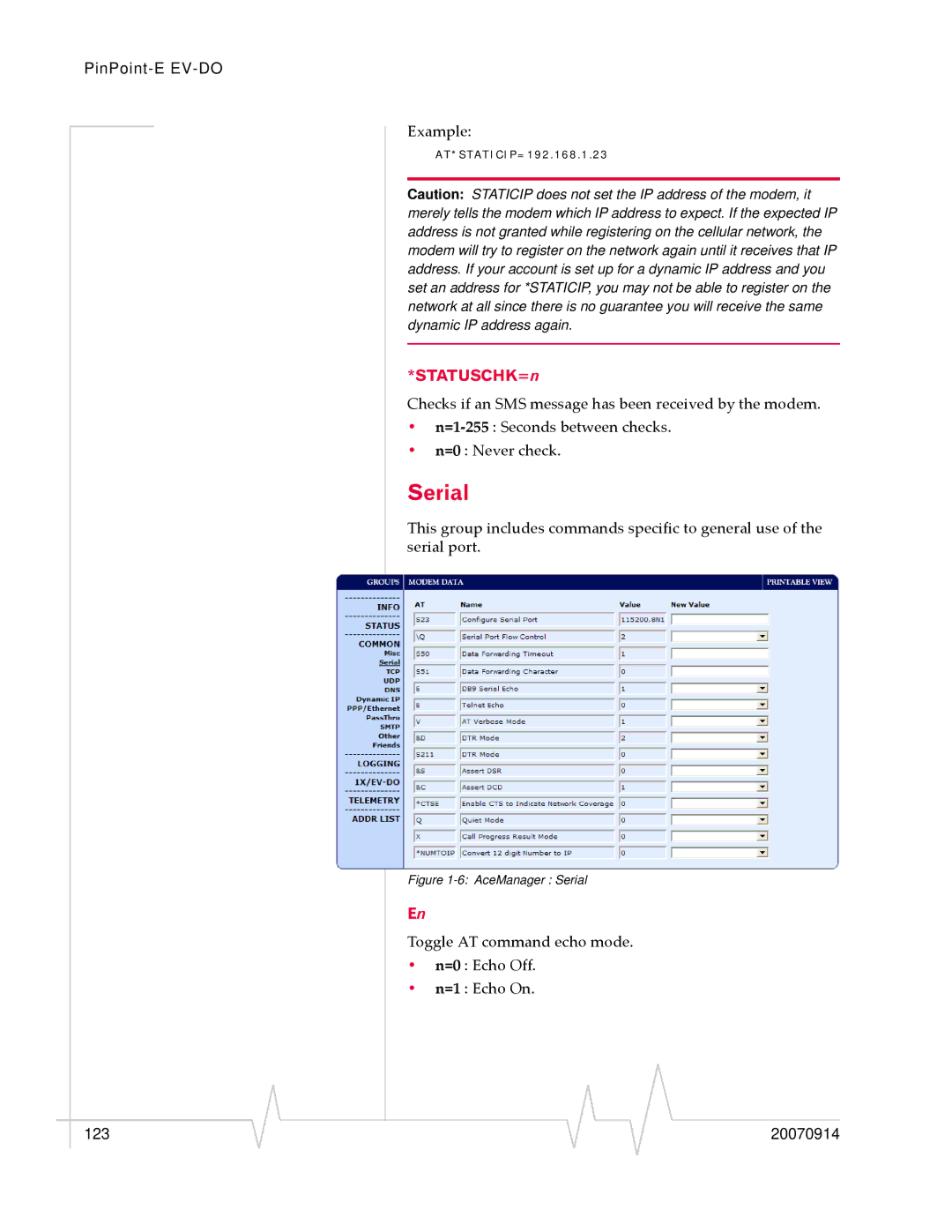 Sierra Wireless EV-DO manual Serial, STATUSCHK=n 