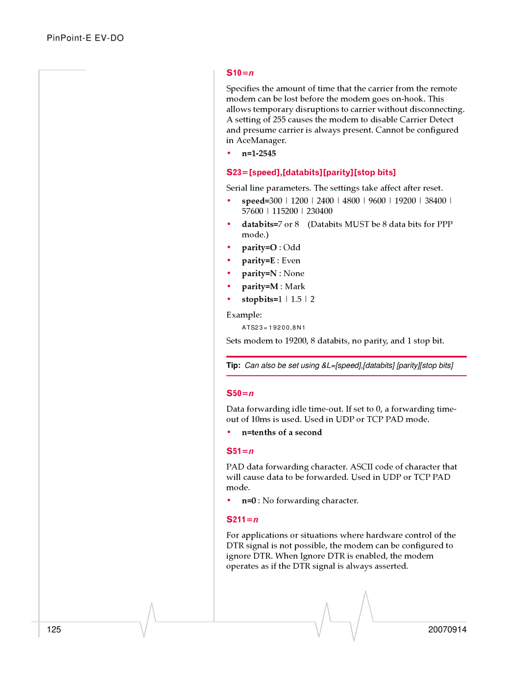 Sierra Wireless EV-DO manual =1‐2545, Parity=O Odd Parity=E Even Parity=N None Parity=M Mark, =tenths of a second 