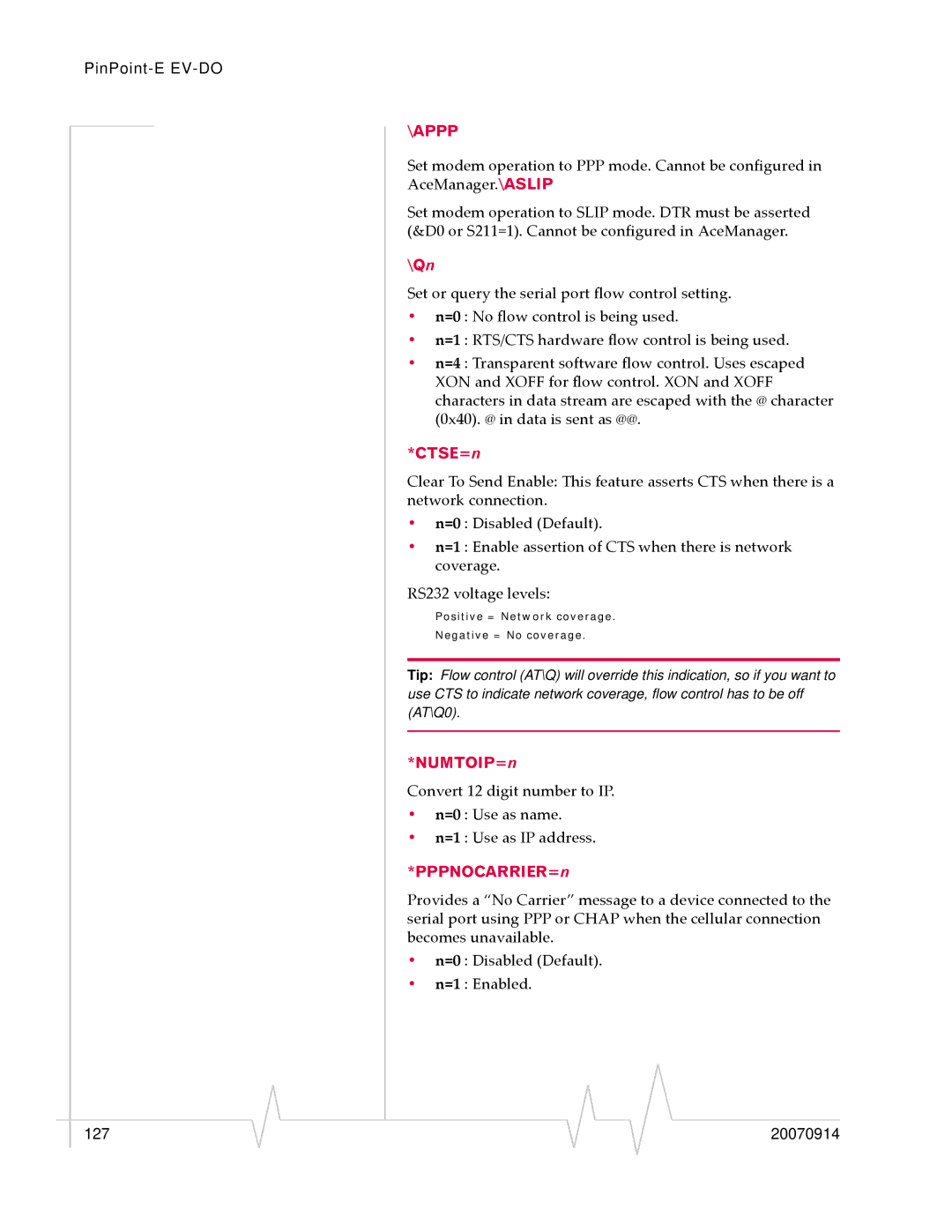 Sierra Wireless EV-DO manual Qn, CTSE=n, NUMTOIP=n, PPPNOCARRIER=n 