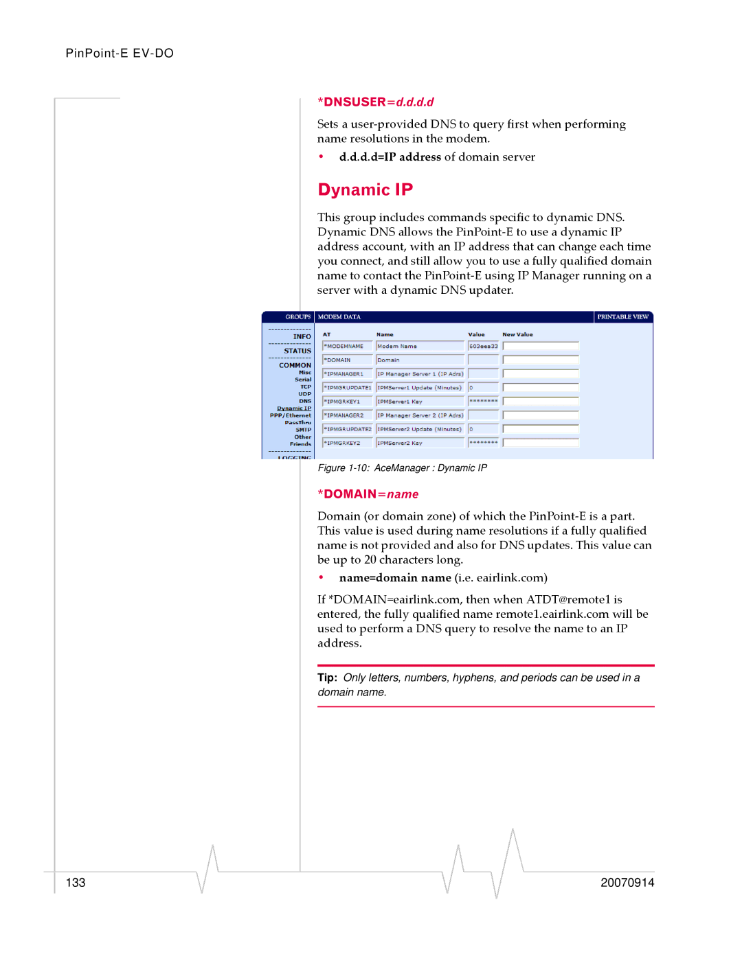 Sierra Wireless EV-DO manual Dynamic IP, DNSUSER=d.d.d.d, DOMAIN=name 