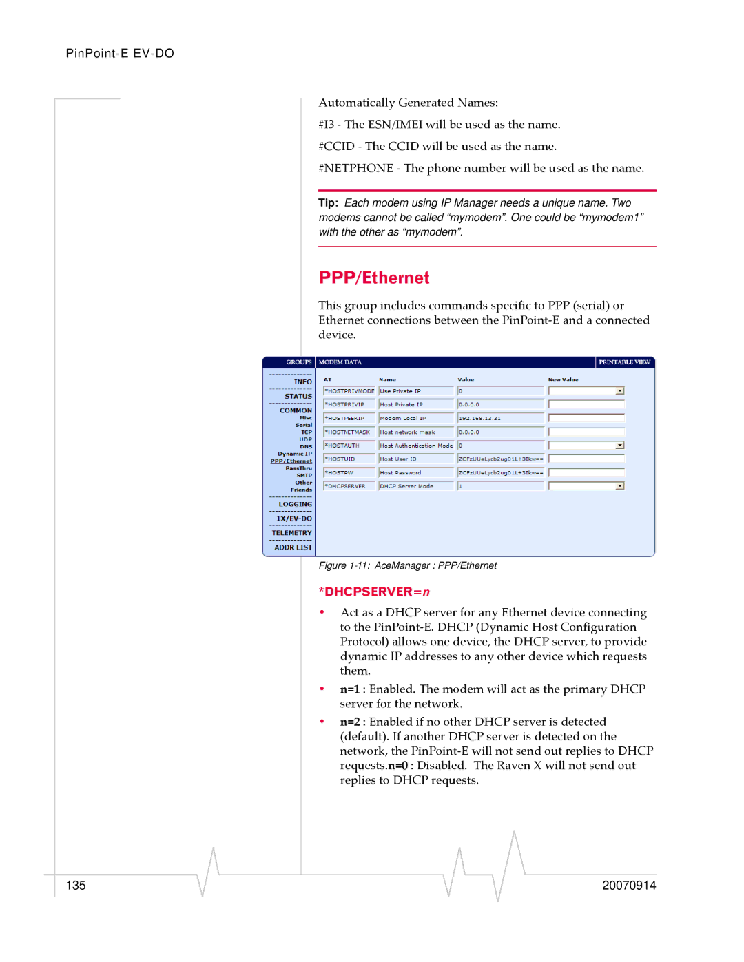 Sierra Wireless EV-DO manual PPP/Ethernet, DHCPSERVER=n 