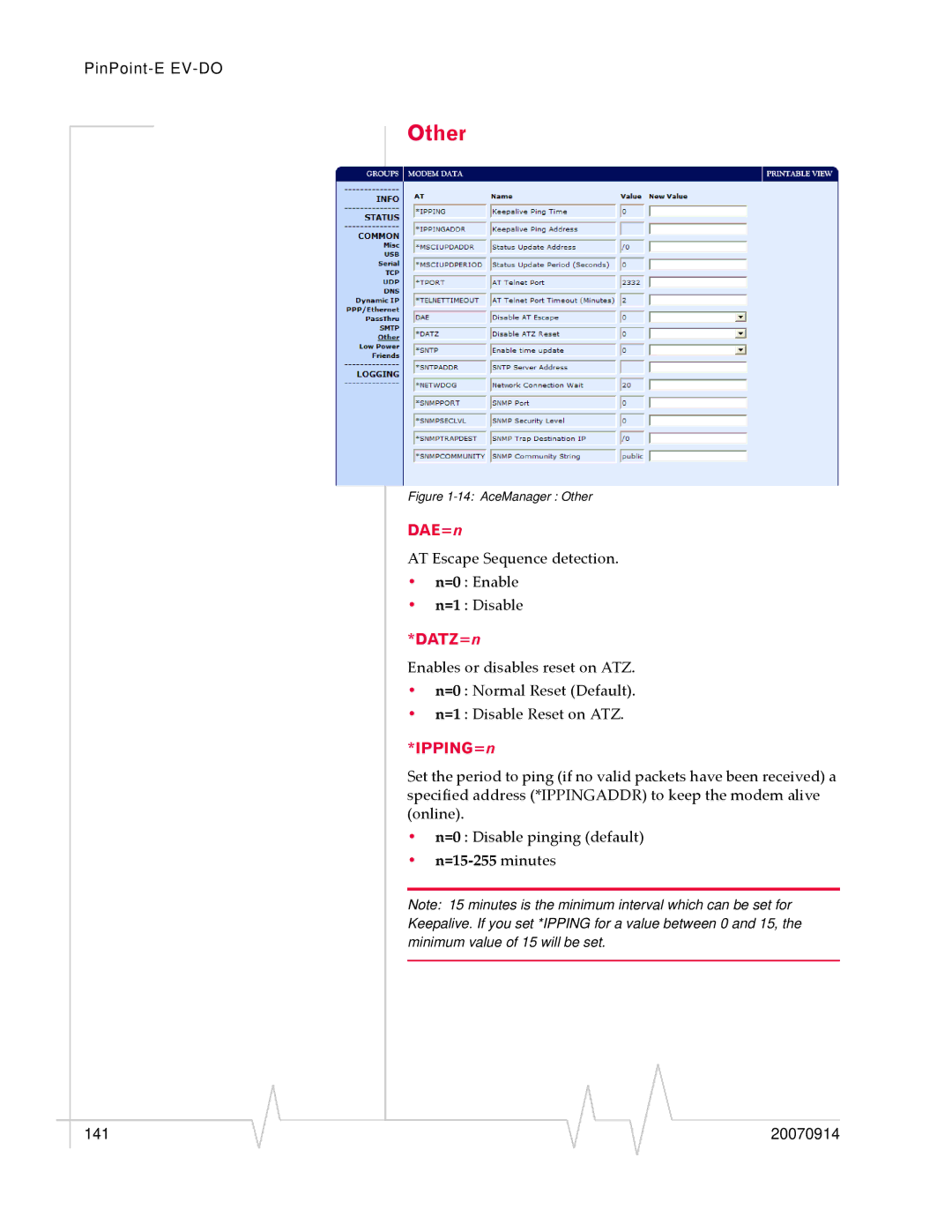 Sierra Wireless EV-DO manual Other, DAE=n, DATZ=n, IPPING=n, =15‐255 minutes 