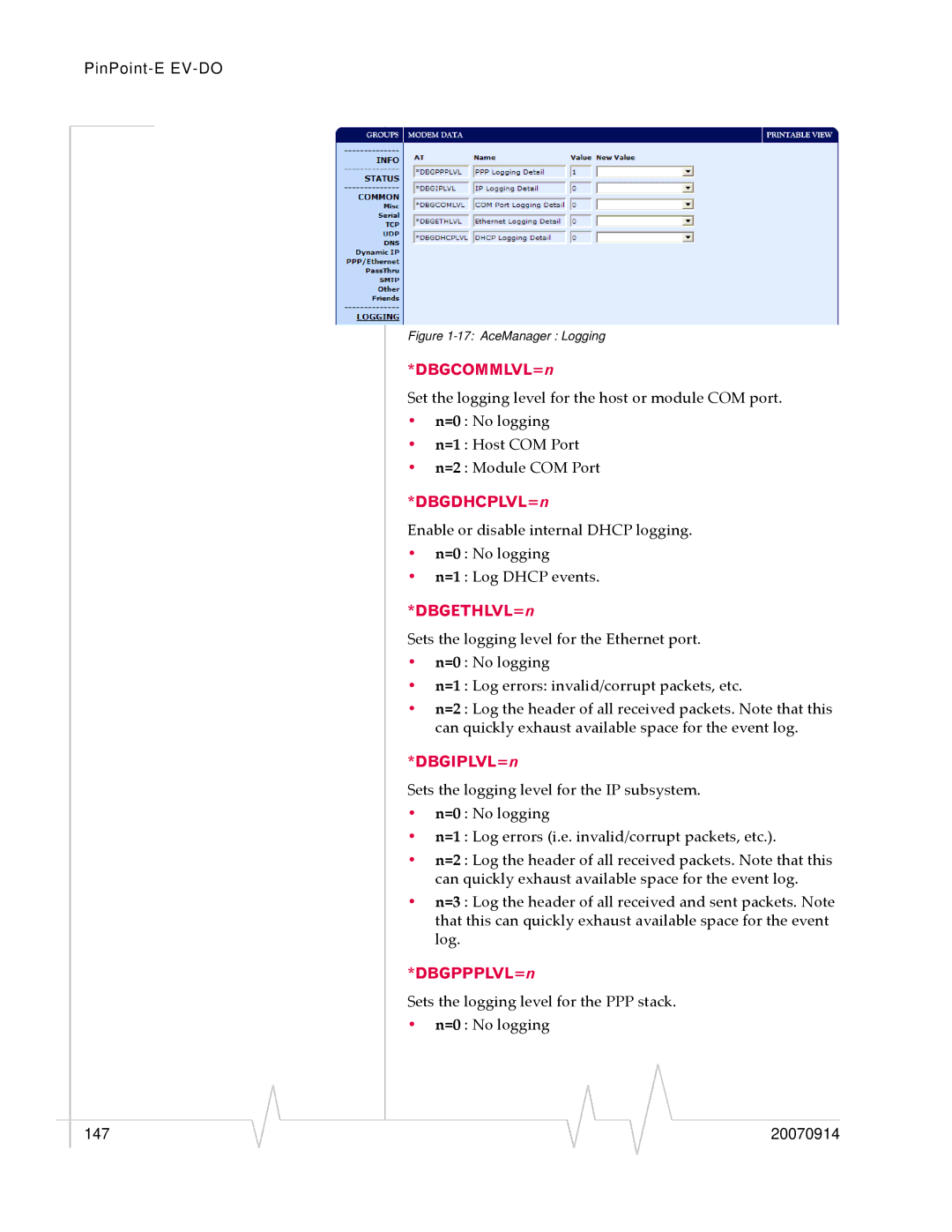 Sierra Wireless EV-DO manual DBGCOMMLVL=n, DBGDHCPLVL=n, DBGETHLVL=n, DBGIPLVL=n, DBGPPPLVL=n 