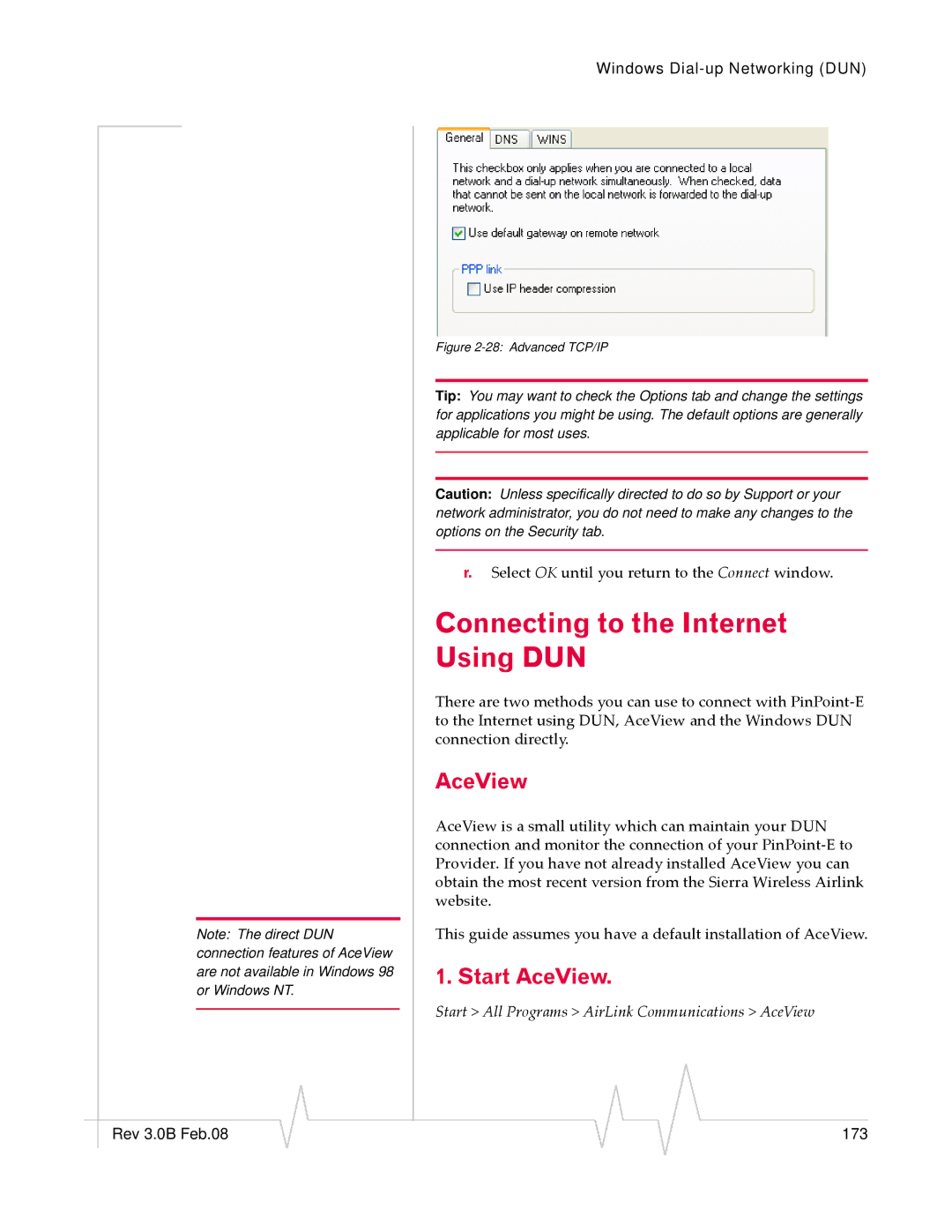 Sierra Wireless EV-DO manual Connecting to the Internet Using DUN, Start AceView 