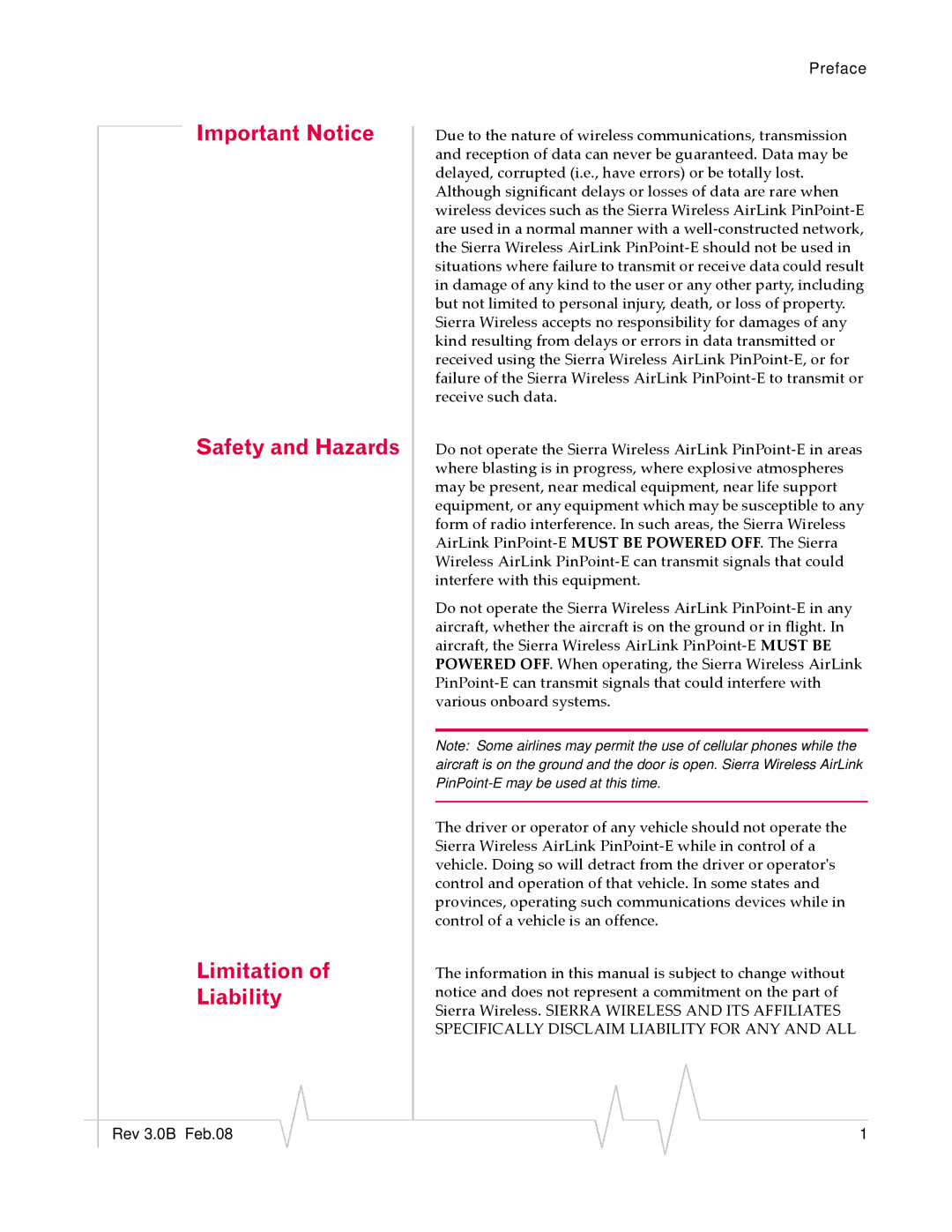 Sierra Wireless EV-DO manual Important Notice Safety and Hazards Limitation Liability 