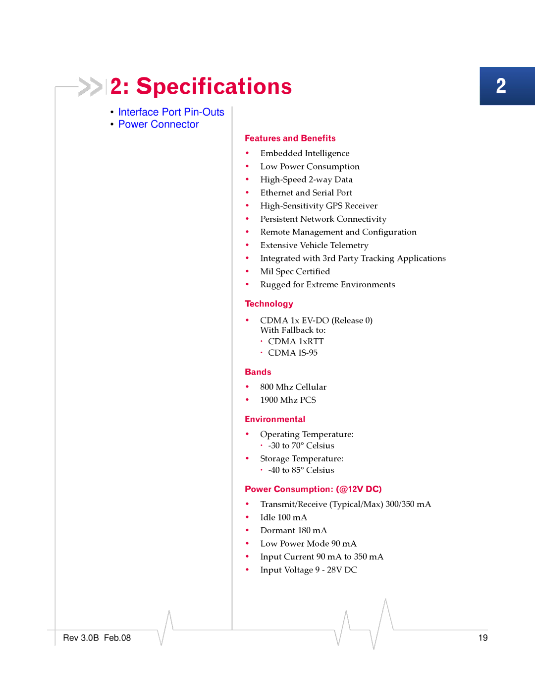 Sierra Wireless EV-DO manual Features and Benefits, Technology, Bands, Environmental, Power Consumption @12V DC 