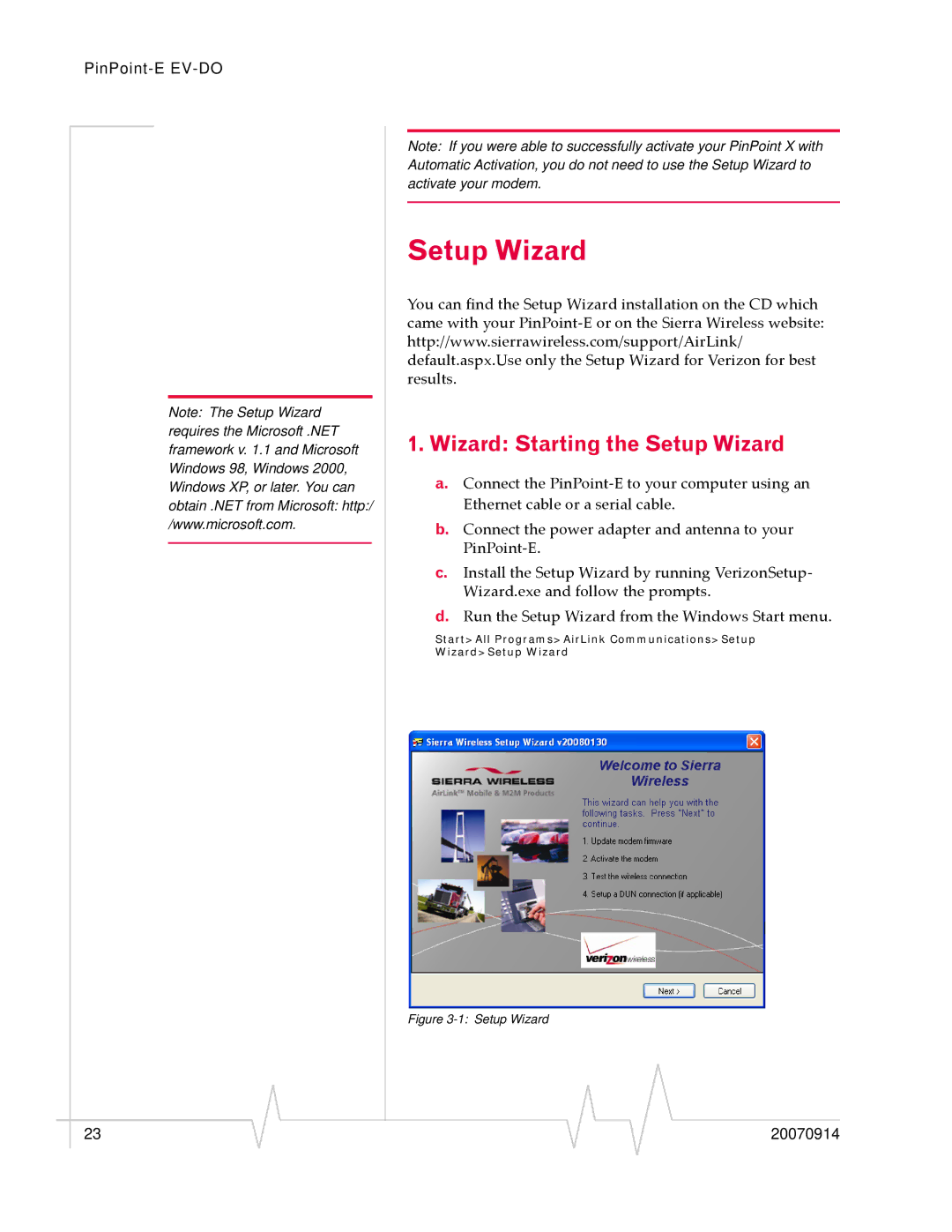 Sierra Wireless EV-DO manual Wizard Starting the Setup Wizard 