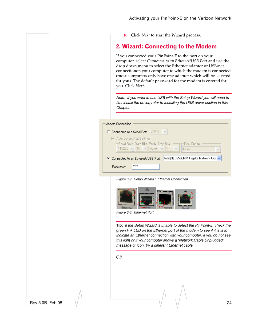 Sierra Wireless EV-DO manual Wizard Connecting to the Modem, Setup Wizard Ethernet Connection 