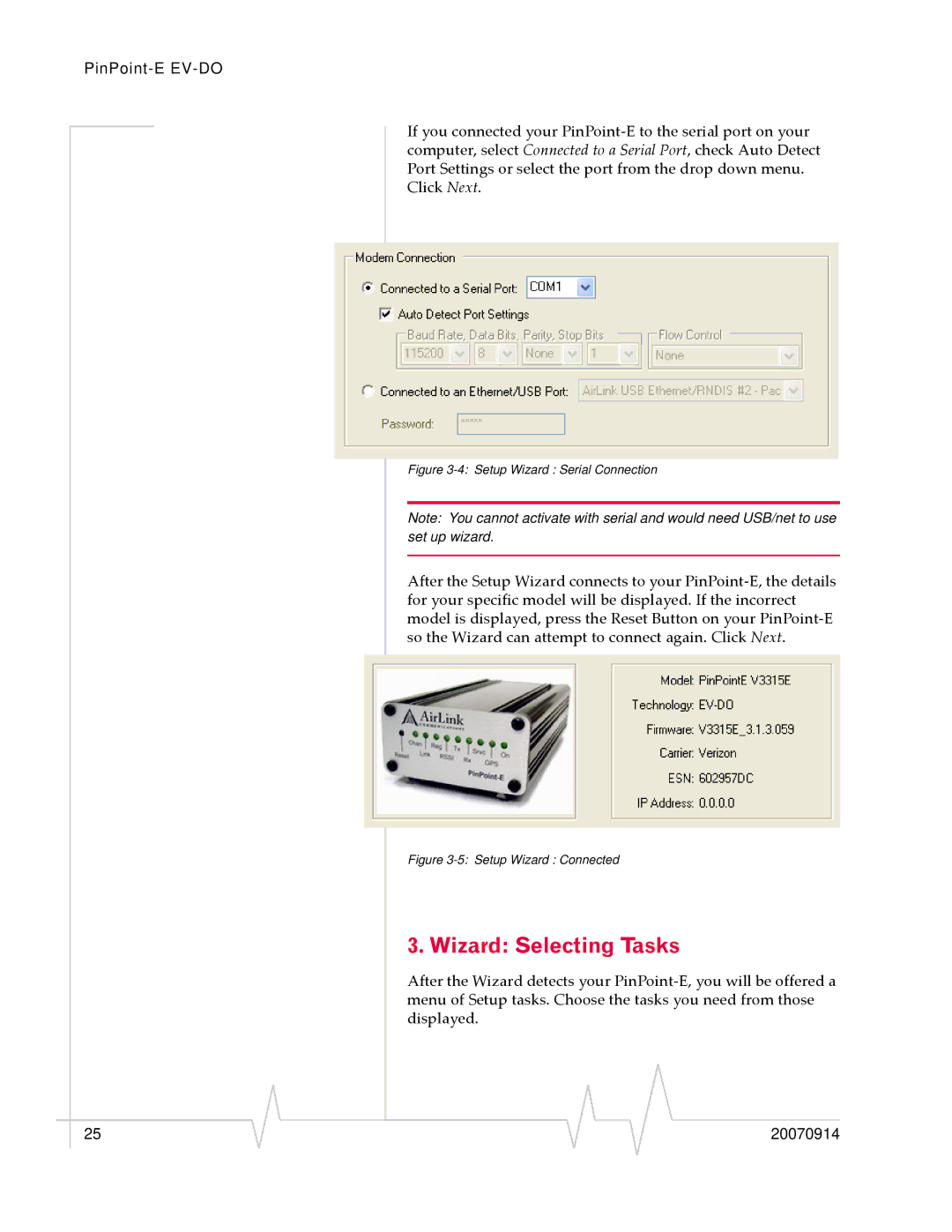 Sierra Wireless EV-DO manual Wizard Selecting Tasks, Setup Wizard Serial Connection 