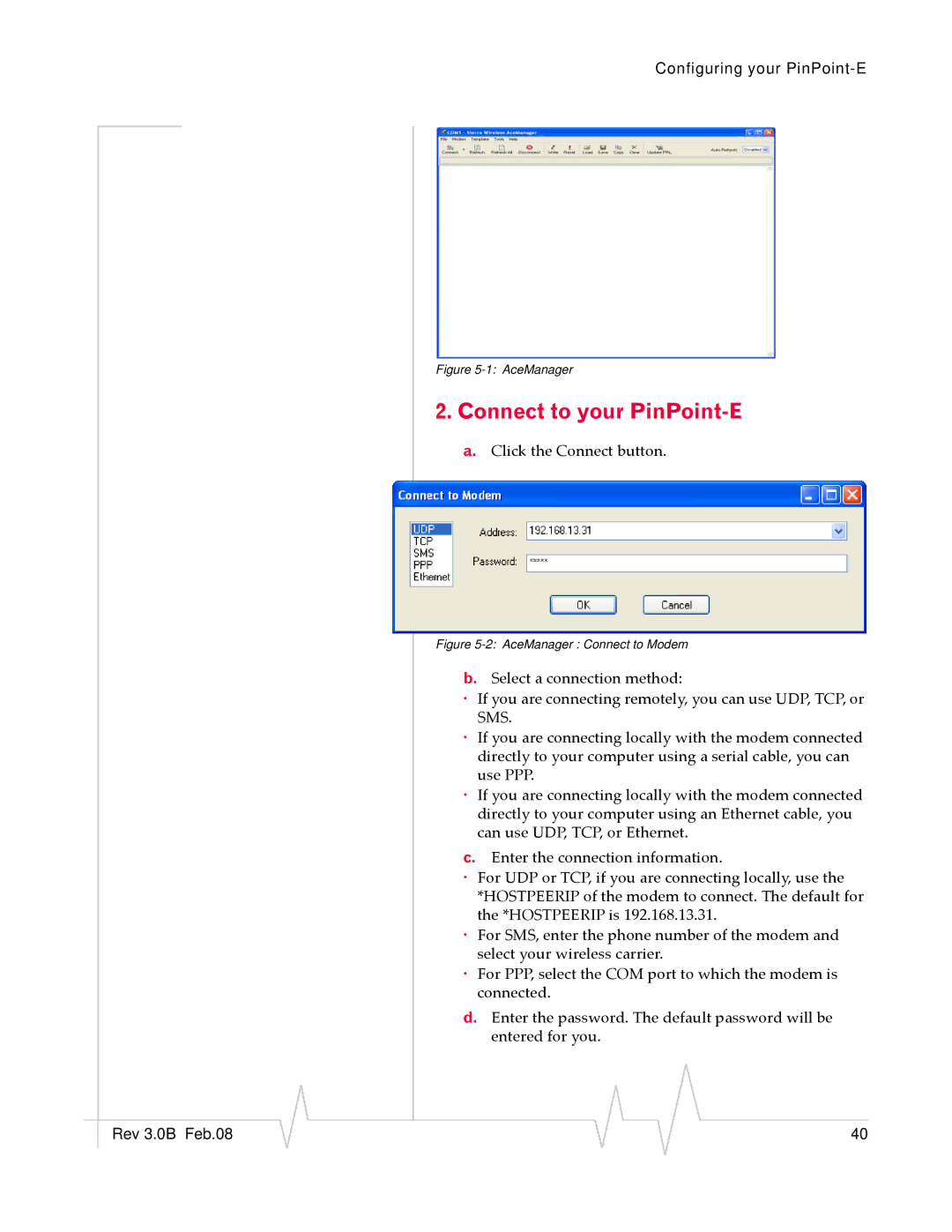 Sierra Wireless EV-DO manual Connect to your PinPoint-E, AceManager Connect to Modem 