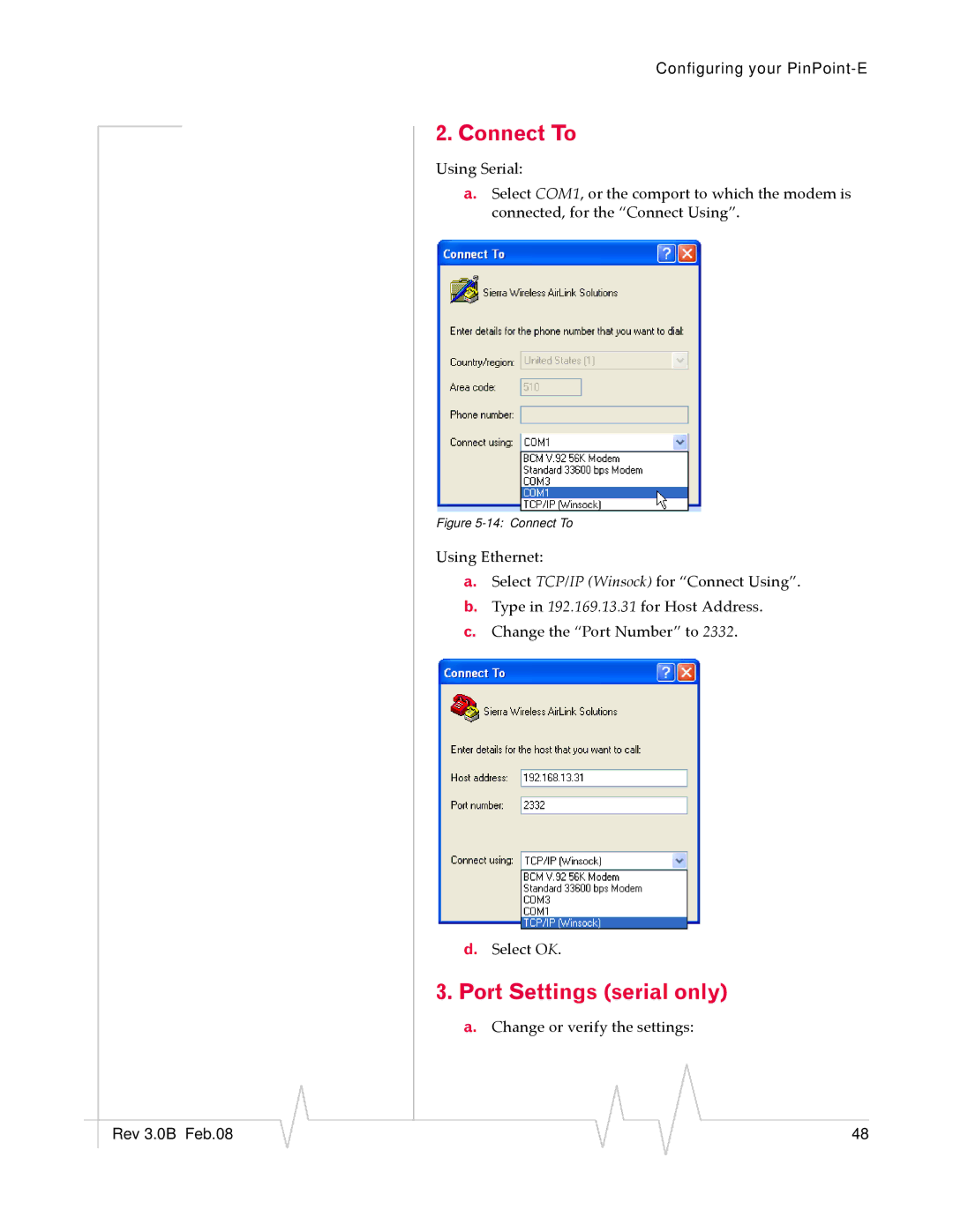 Sierra Wireless EV-DO manual Connect To, Port Settings serial only 