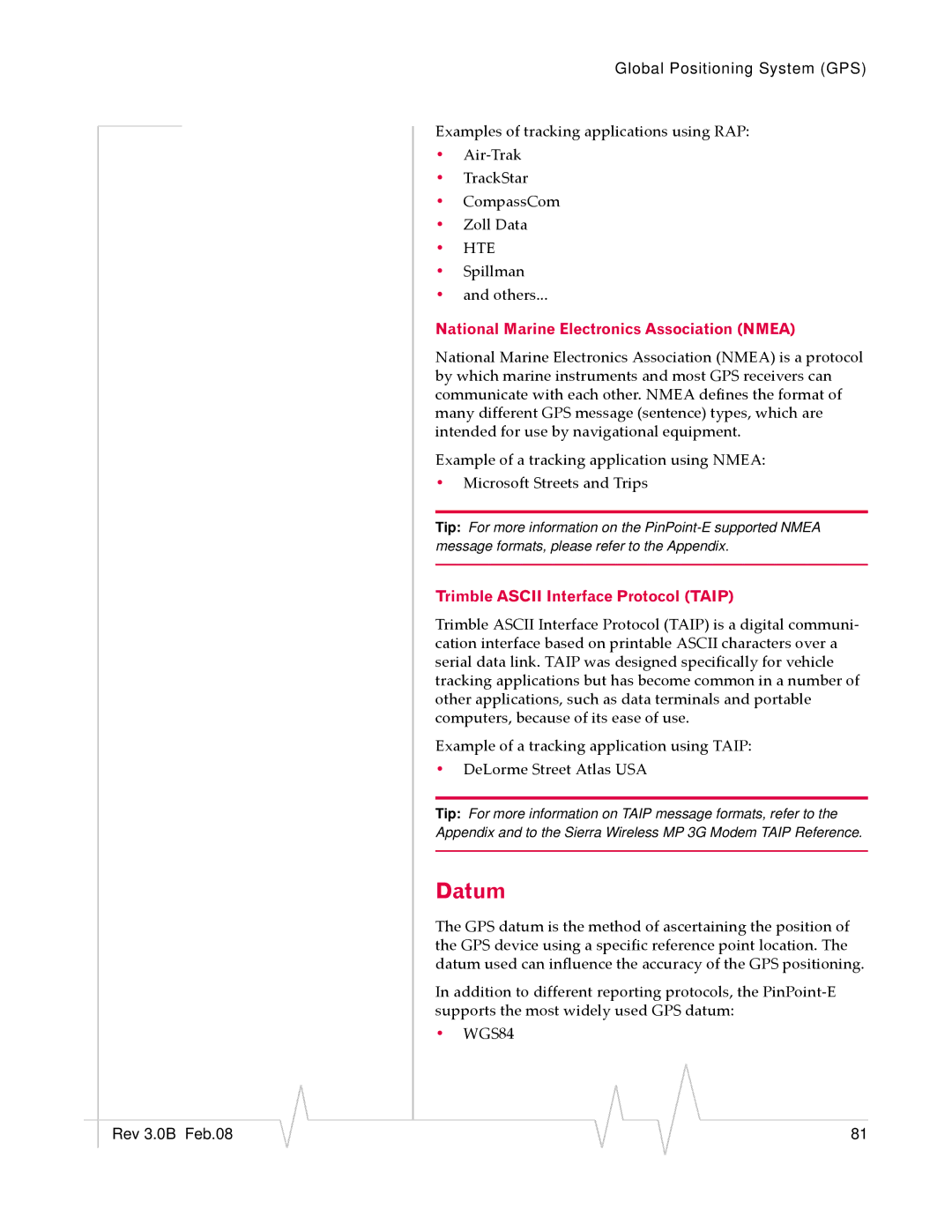 Sierra Wireless EV-DO manual Datum, National Marine Electronics Association Nmea, Trimble Ascii Interface Protocol Taip 