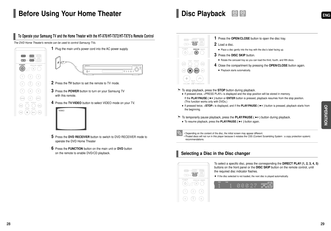 Sierra Wireless HT-TX72 Before Using Your Home Theater, Disc Playback DVD CD, Selecting a Disc in the Disc changer 