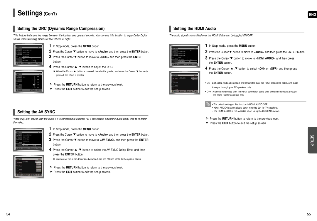 Sierra Wireless HT-TX72 Setting the DRC Dynamic Range Compression, Setting the Hdmi Audio, Setting the AV Sync, Button 