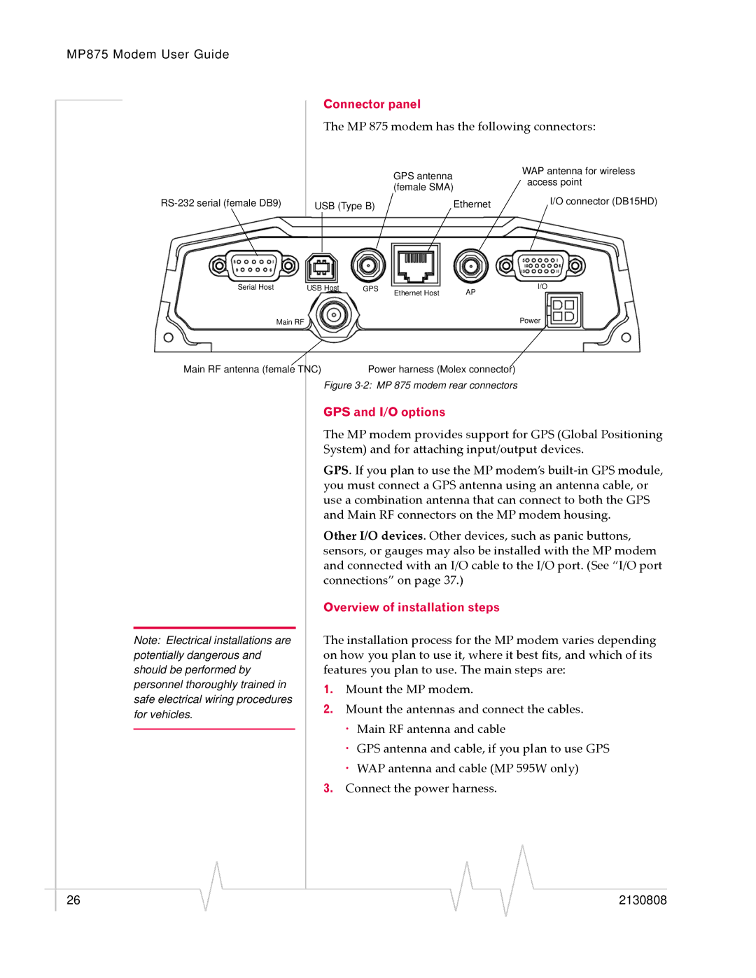 Sierra Wireless MP 875 manual Connector panel, GPS and I/O options, Overview of installation steps 