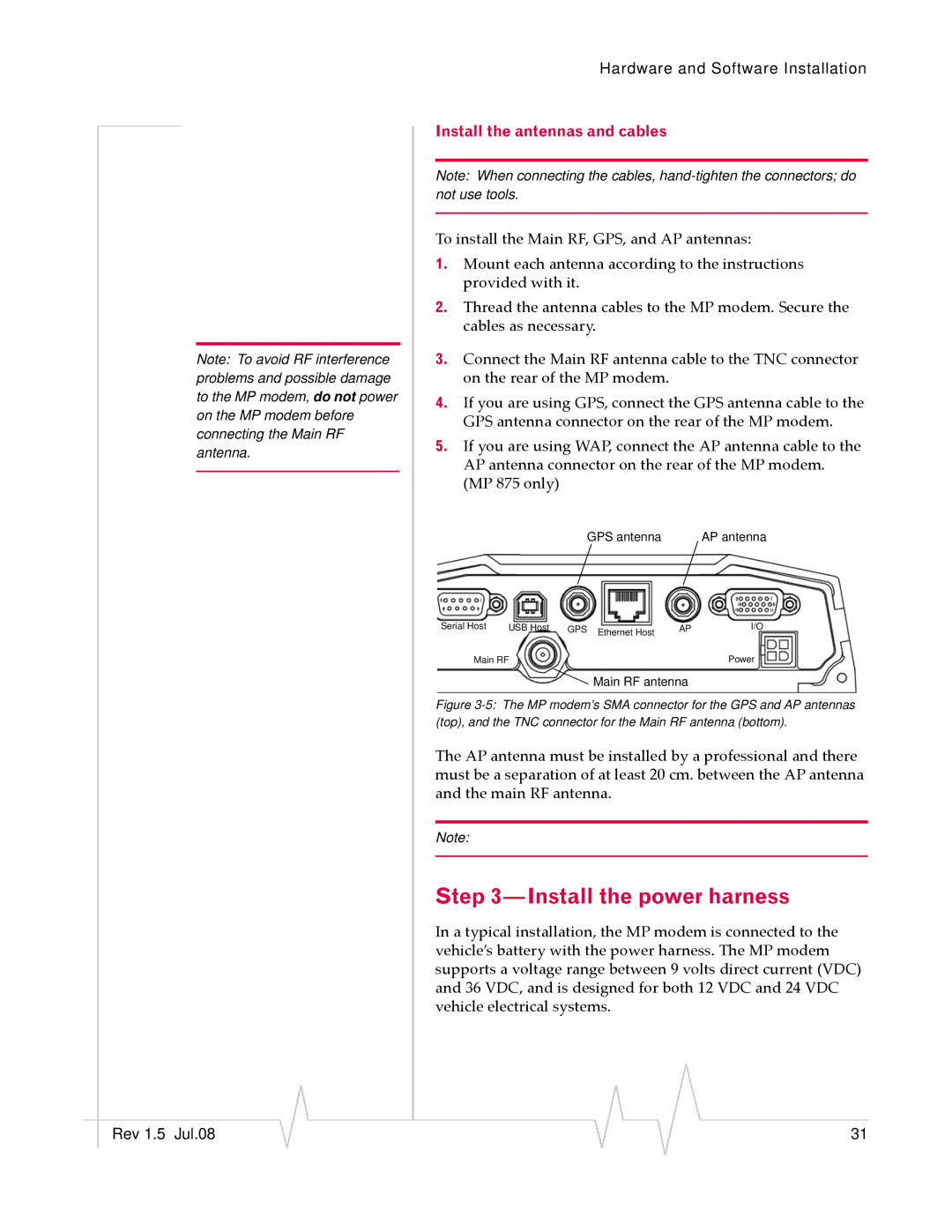 Sierra Wireless MP 875 manual Install the power harness, Install the antennas and cables 