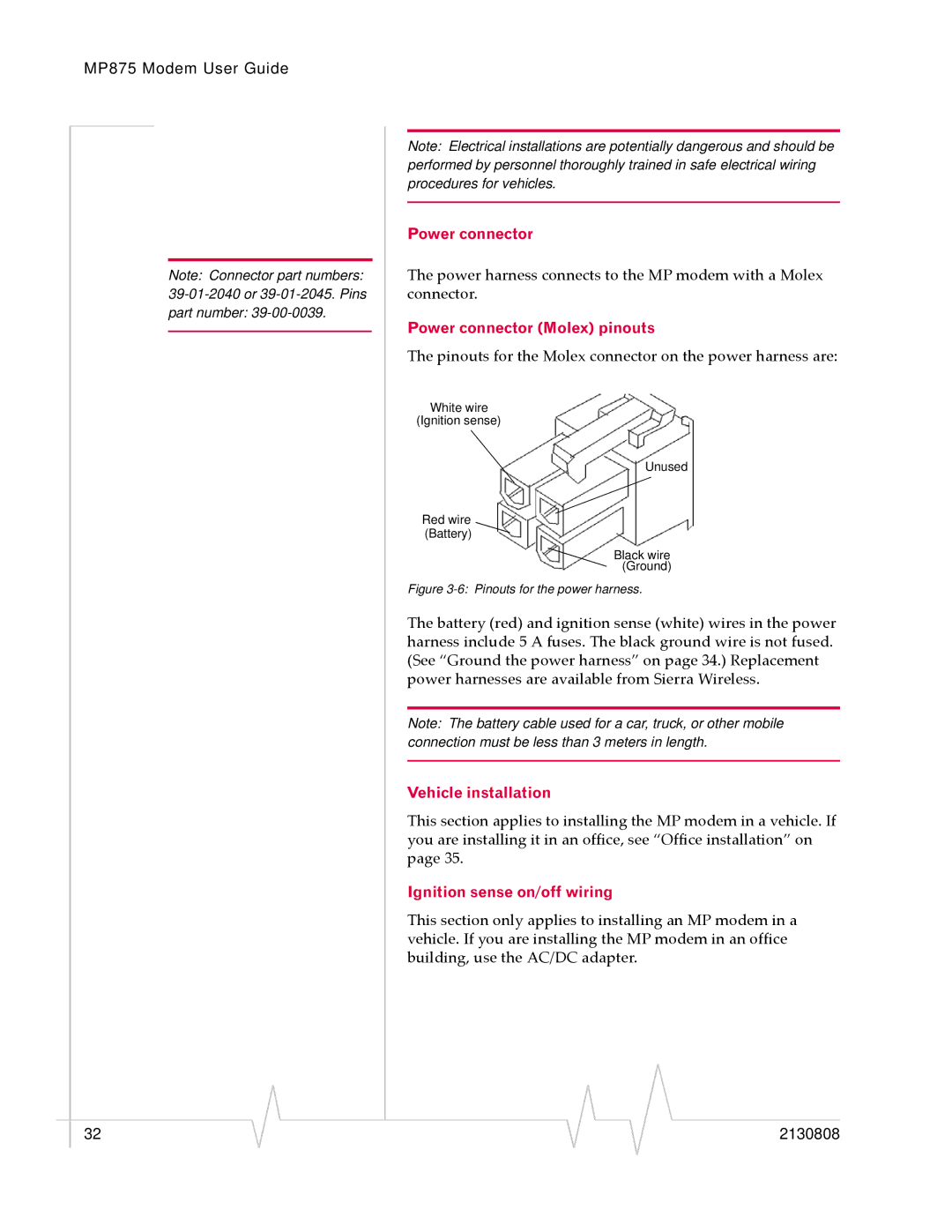 Sierra Wireless MP 875 manual Power connector Molex pinouts, Vehicle installation, Ignition sense on/off wiring 