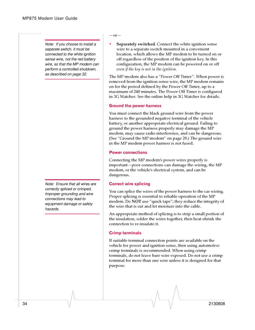 Sierra Wireless MP 875 manual Ground the power harness, Power connections, Correct wire splicing, Crimp terminals 