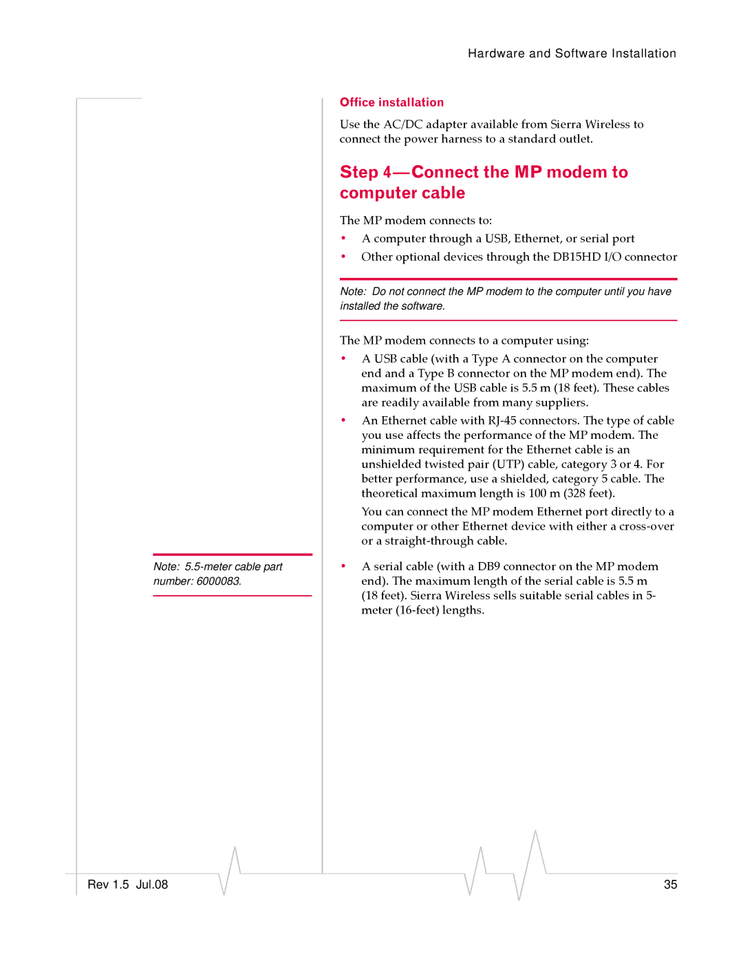 Sierra Wireless MP 875 manual Connect the MP modem to computer cable, Office installation 