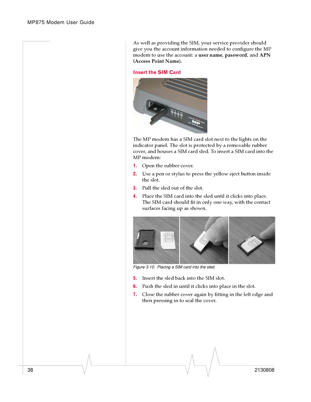 Sierra Wireless MP 875 manual Insert the SIM Card, Placing a SIM card into the sled 