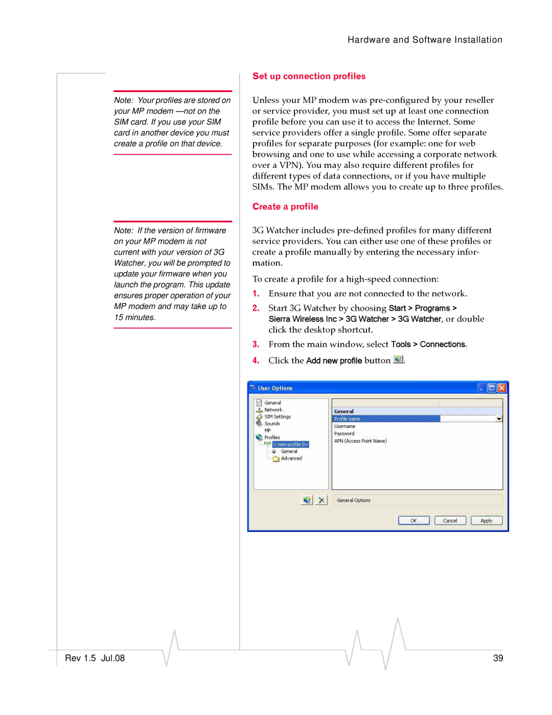 Sierra Wireless MP 875 manual Set up connection profiles, Create a profile 