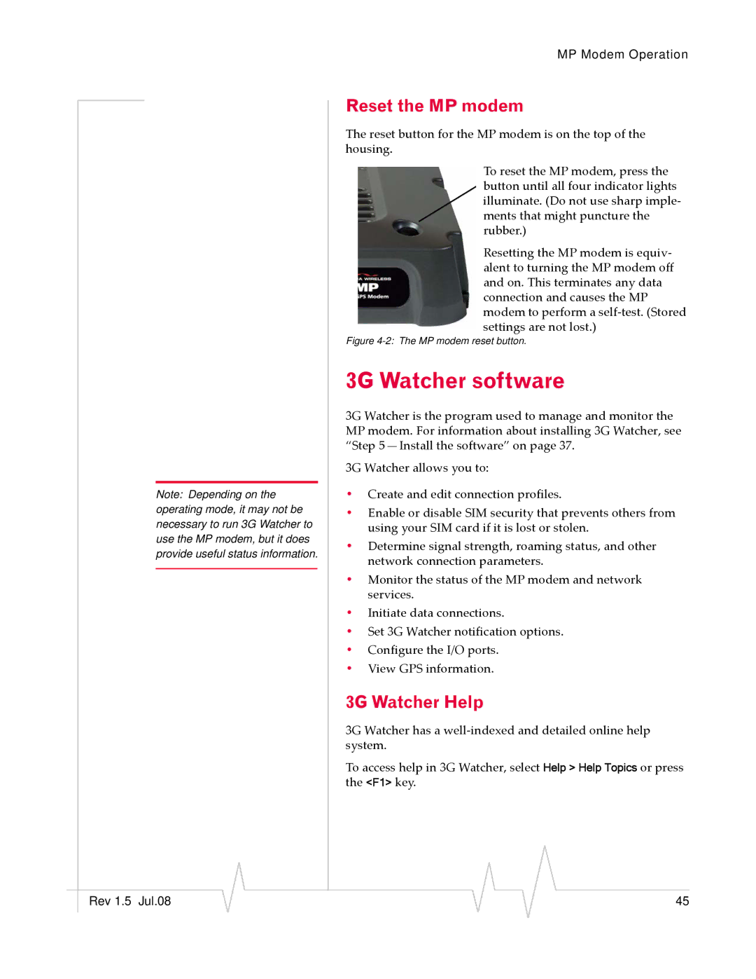 Sierra Wireless MP 875 manual 3G Watcher software, Reset the MP modem, 3G Watcher Help 