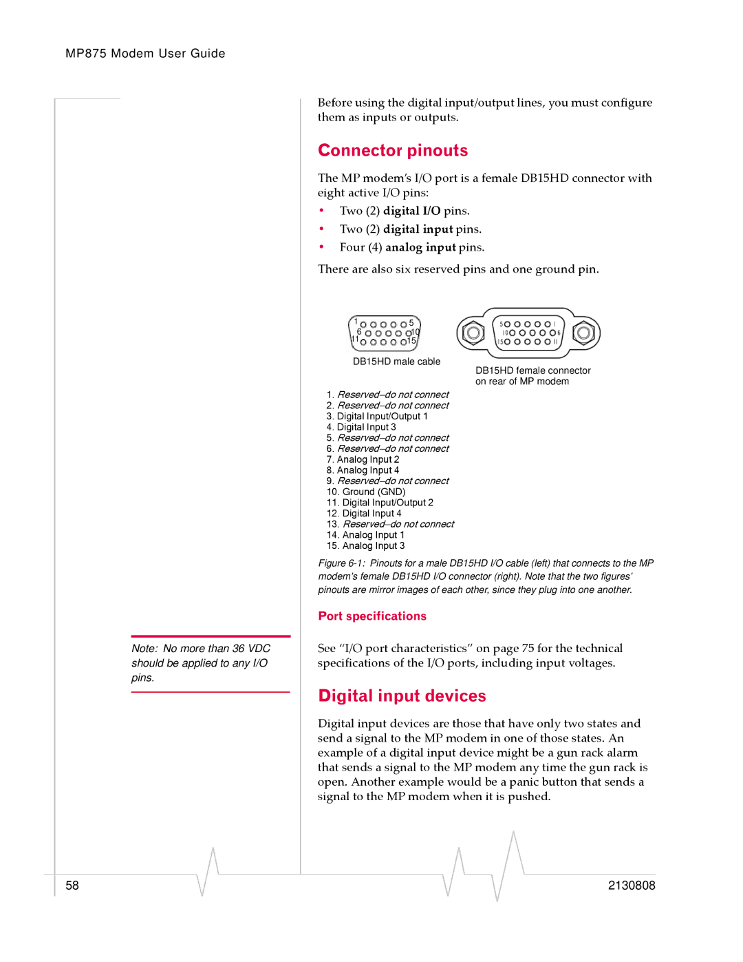 Sierra Wireless MP 875 manual Connector pinouts, Digital input devices, Port specifications 