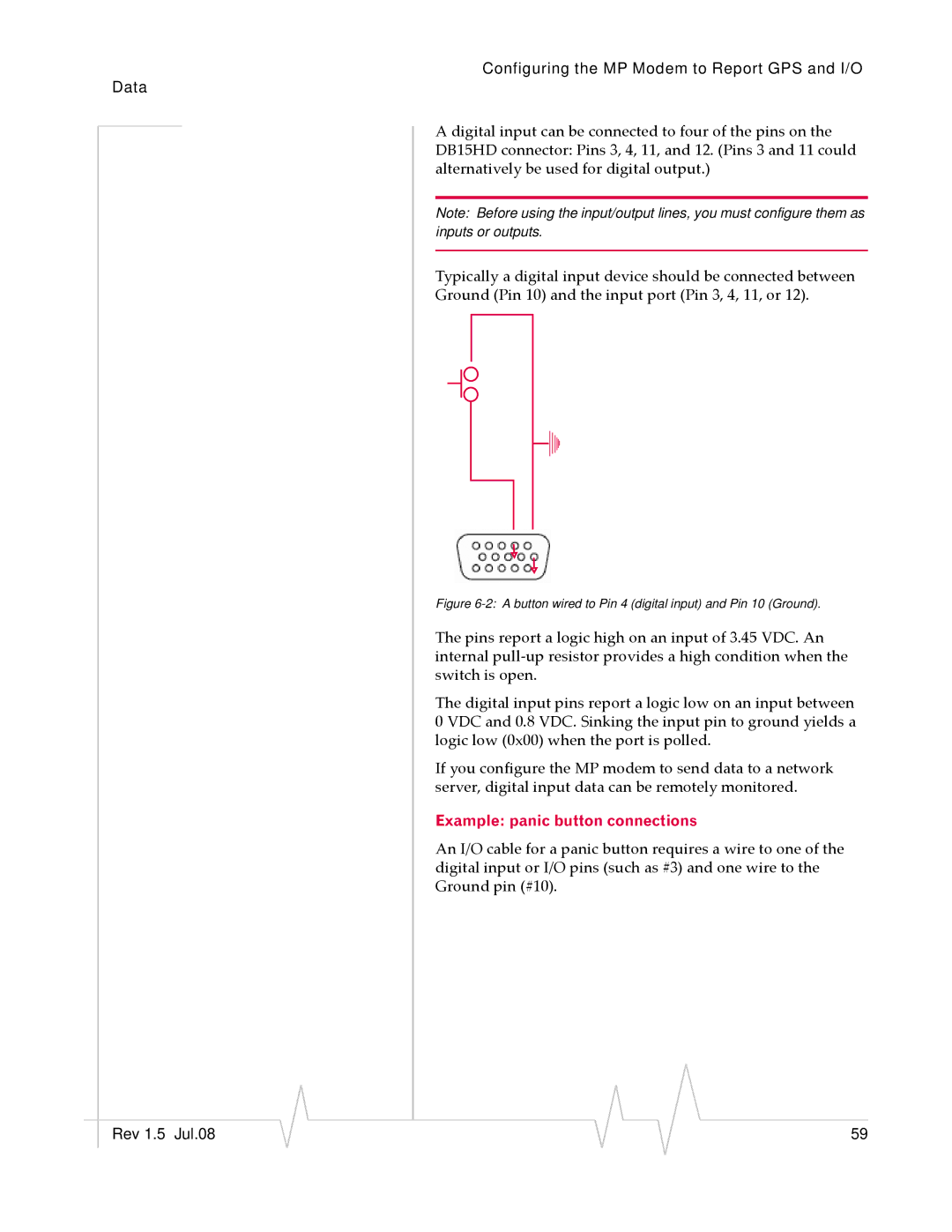 Sierra Wireless MP 875 manual Example panic button connections, A button wired to Pin 4 digital input and Pin 10 Ground 