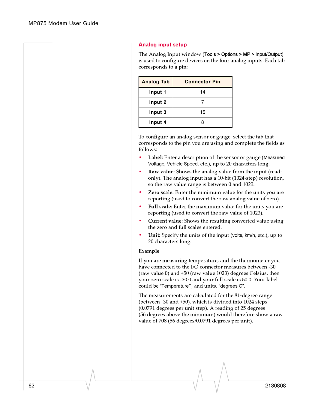 Sierra Wireless MP 875 manual Analog input setup, Example 