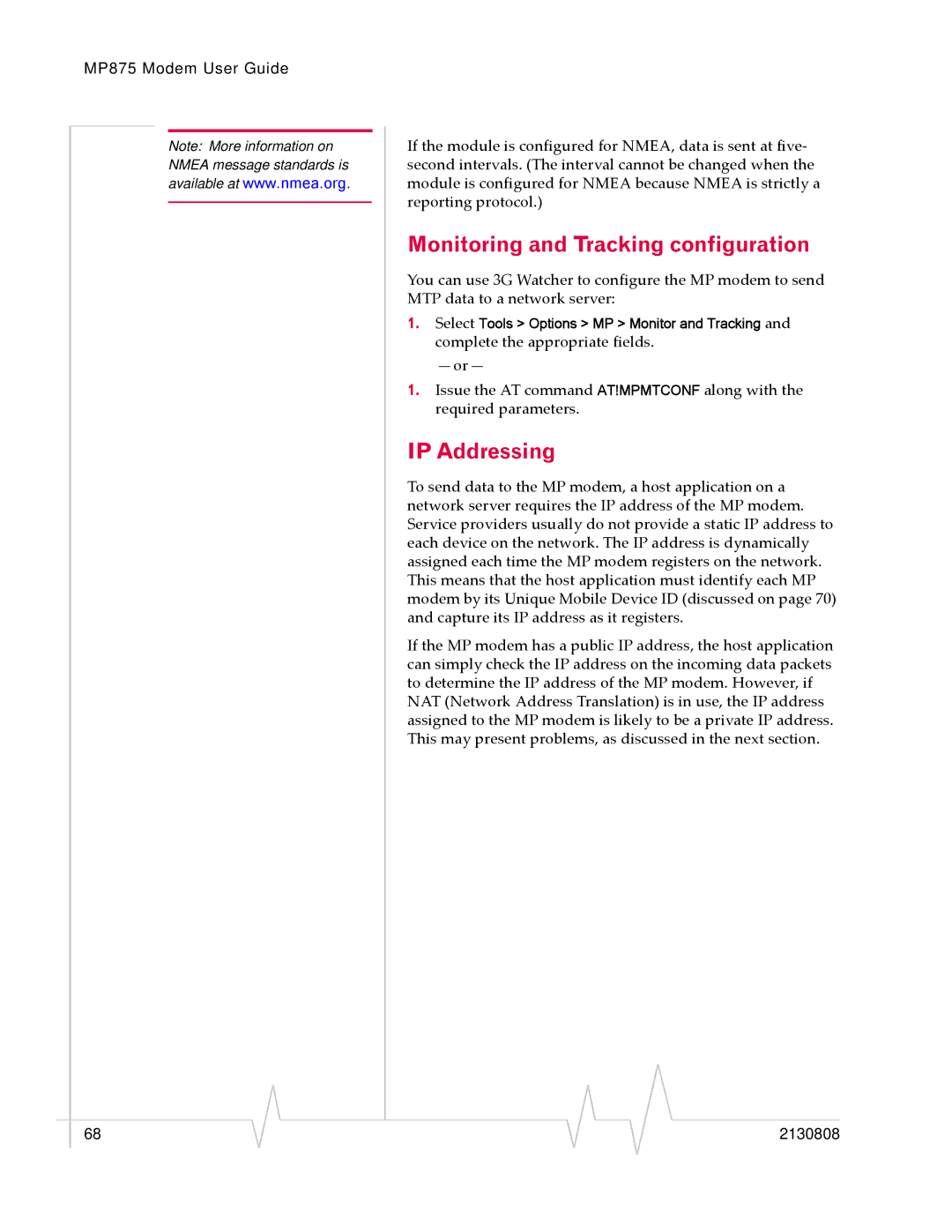 Sierra Wireless MP 875 manual Monitoring and Tracking configuration, IP Addressing 