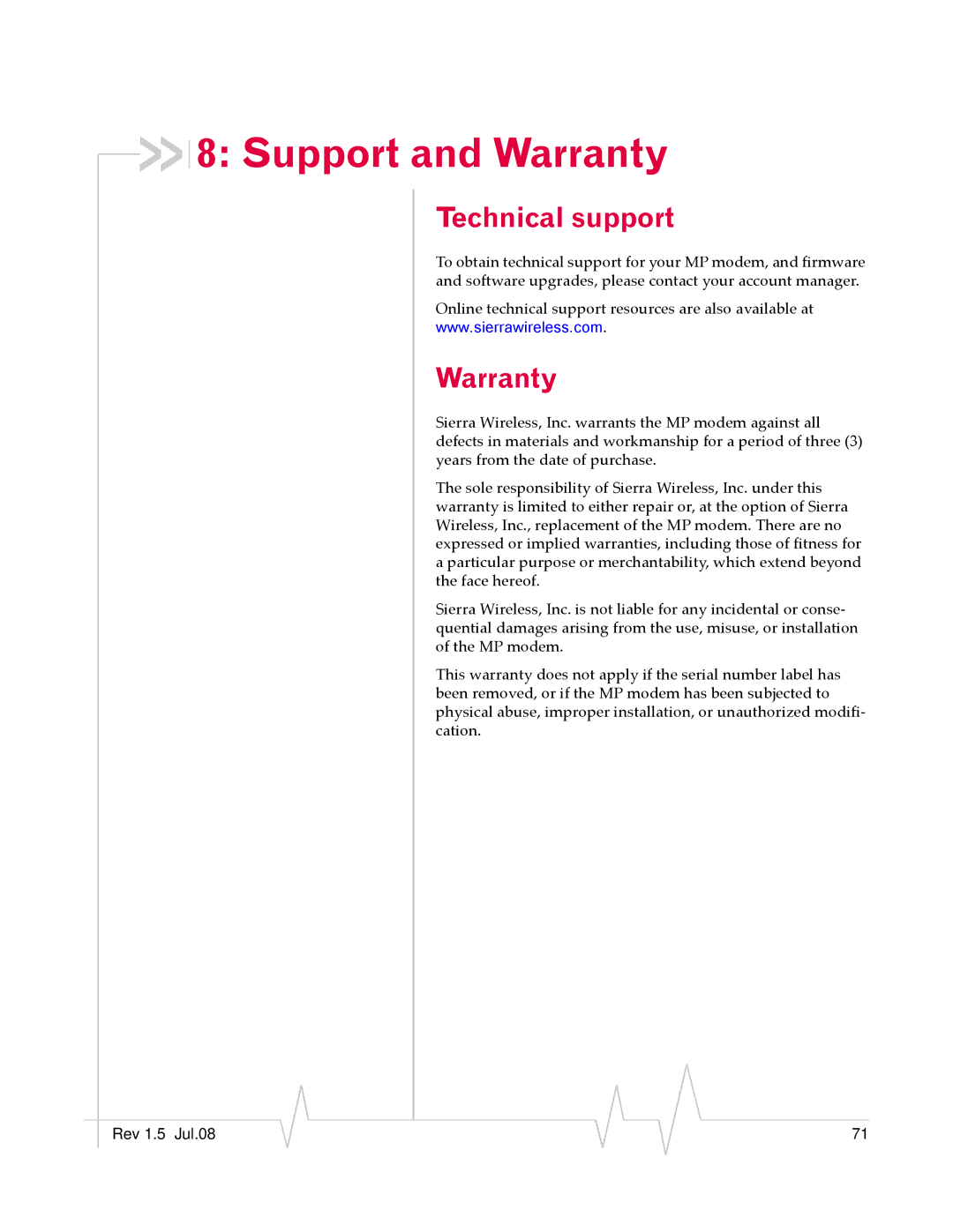 Sierra Wireless MP 875 manual Support and Warranty, Technical support 