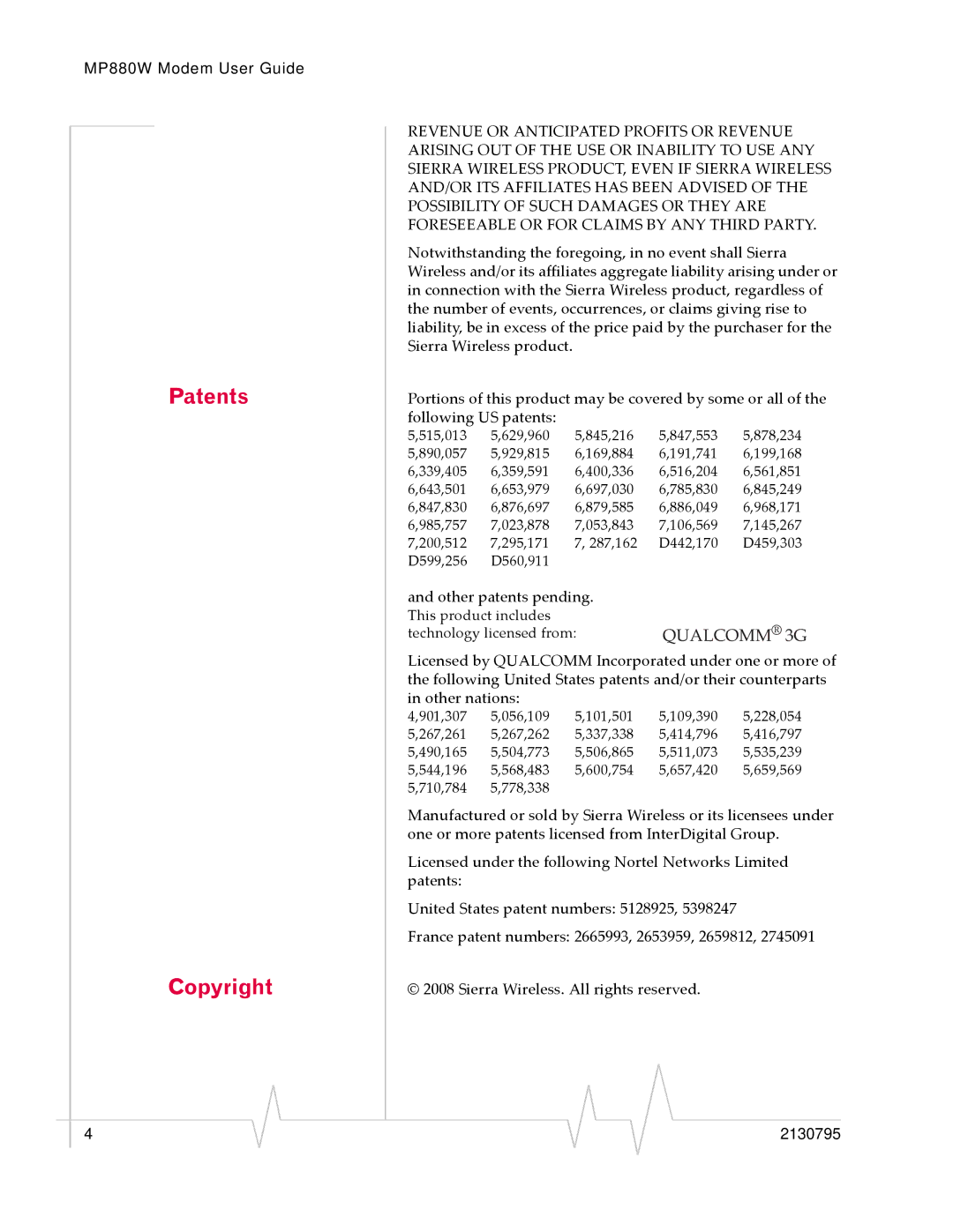 Sierra Wireless MP 880W manual Patents Copyright, Qualcomm 3G 