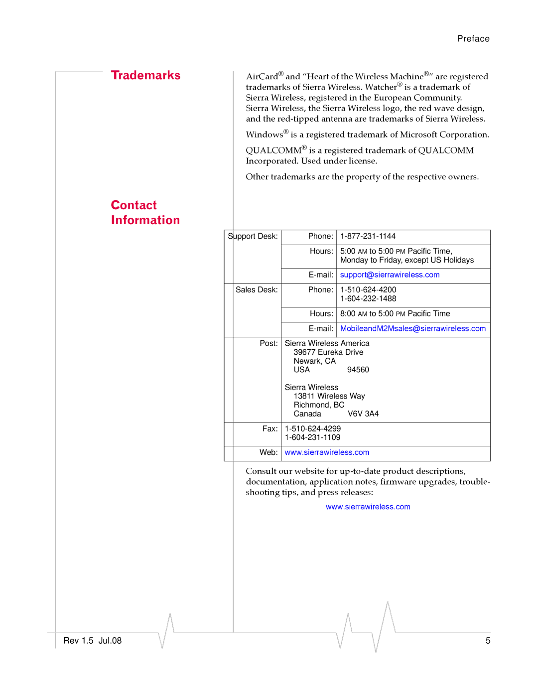 Sierra Wireless MP 880W manual Trademarks Contact Information, Support@sierrawireless.com 