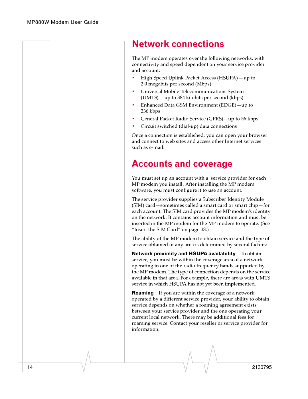 Sierra Wireless MP 880W manual Network connections, Accounts and coverage 