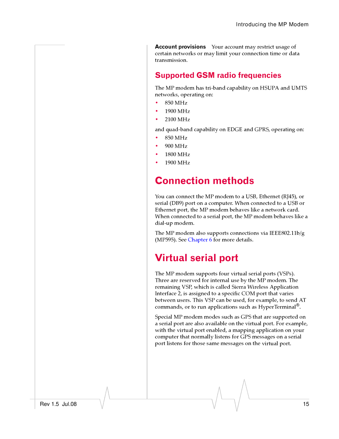 Sierra Wireless MP 880W manual Connection methods, Virtual serial port, Supported GSM radio frequencies 