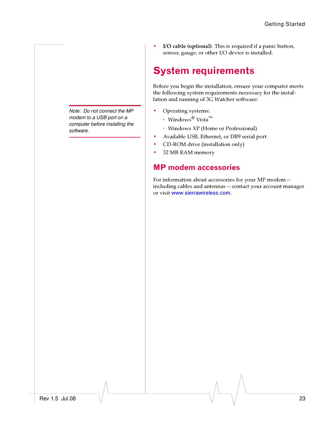 Sierra Wireless MP 880W manual System requirements, MP modem accessories 