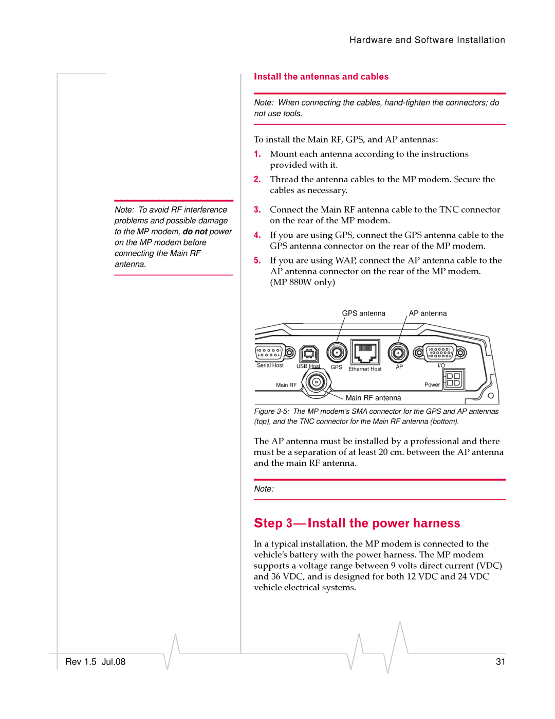 Sierra Wireless MP 880W manual Install the power harness, Install the antennas and cables 