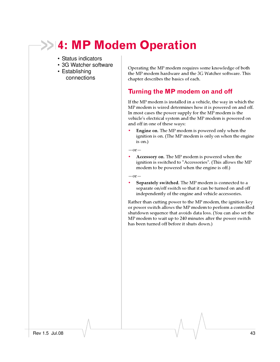 Sierra Wireless MP 880W manual MP Modem Operation, Turning the MP modem on and off 