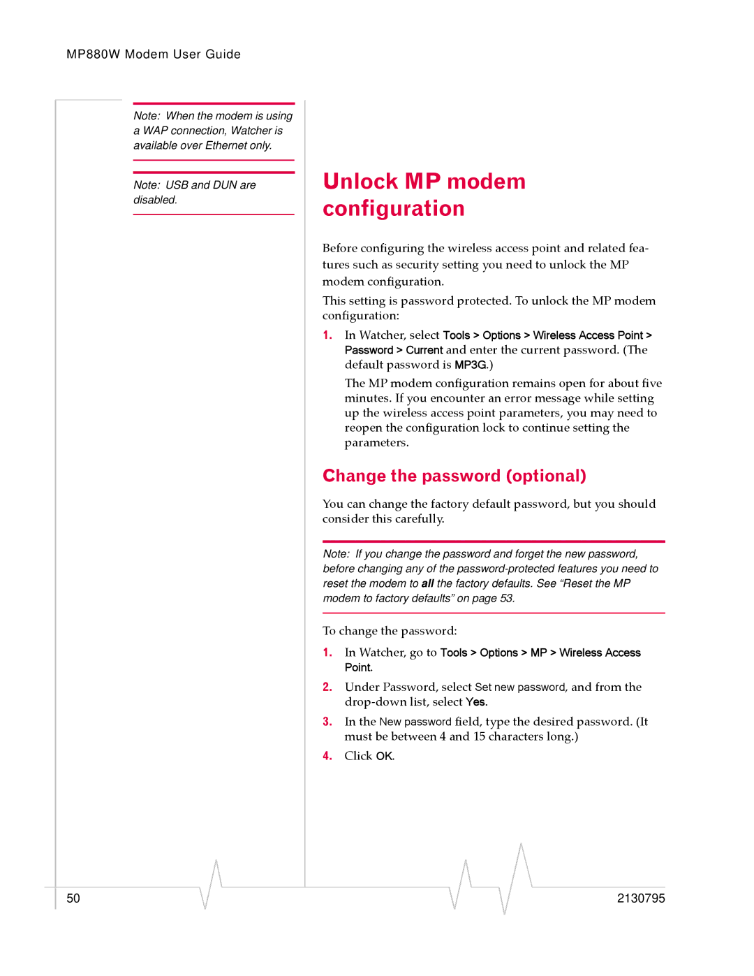 Sierra Wireless MP 880W manual Unlock MP modem configuration, Change the password optional 