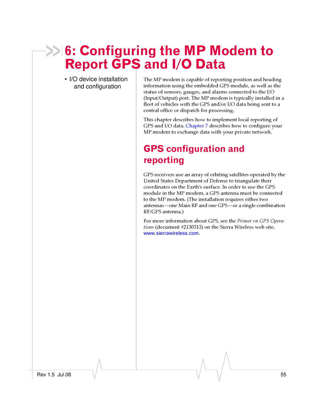 Sierra Wireless MP 880W manual Configuring the MP Modem to Report GPS and I/O Data, GPS configuration and reporting 