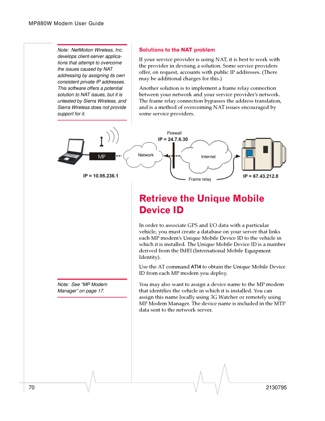 Sierra Wireless MP 880W manual Retrieve the Unique Mobile Device ID, Solutions to the NAT problem 