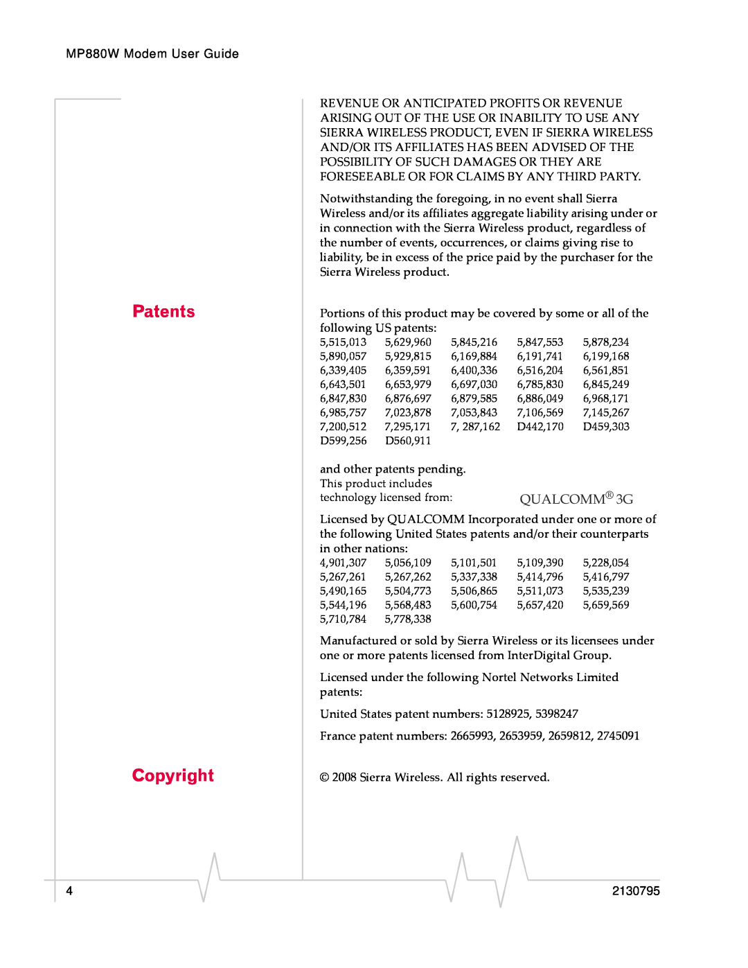 Sierra Wireless MP 880W manual Patents Copyright, QUALCOMM 3G 