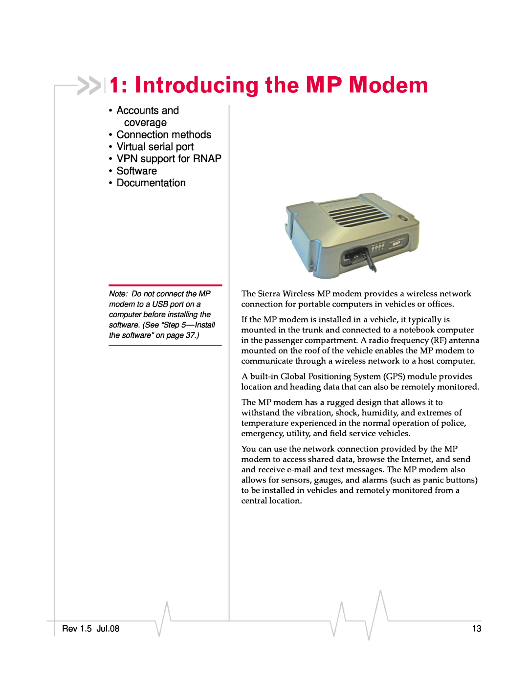 Sierra Wireless MP 880W manual Introducing the MP Modem, Accounts and coverage Connection methods Virtual serial port 