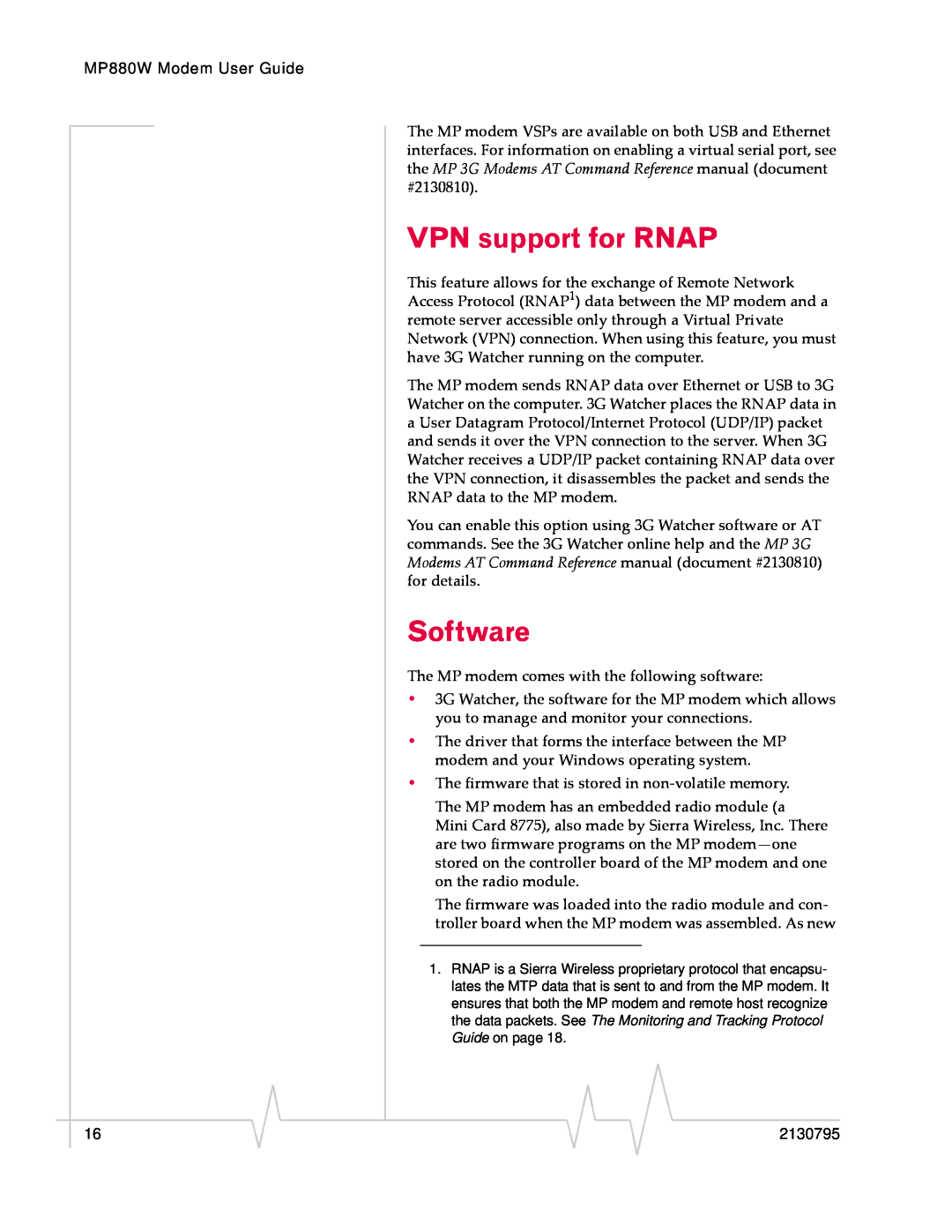Sierra Wireless MP 880W manual VPN support for RNAP, Software 