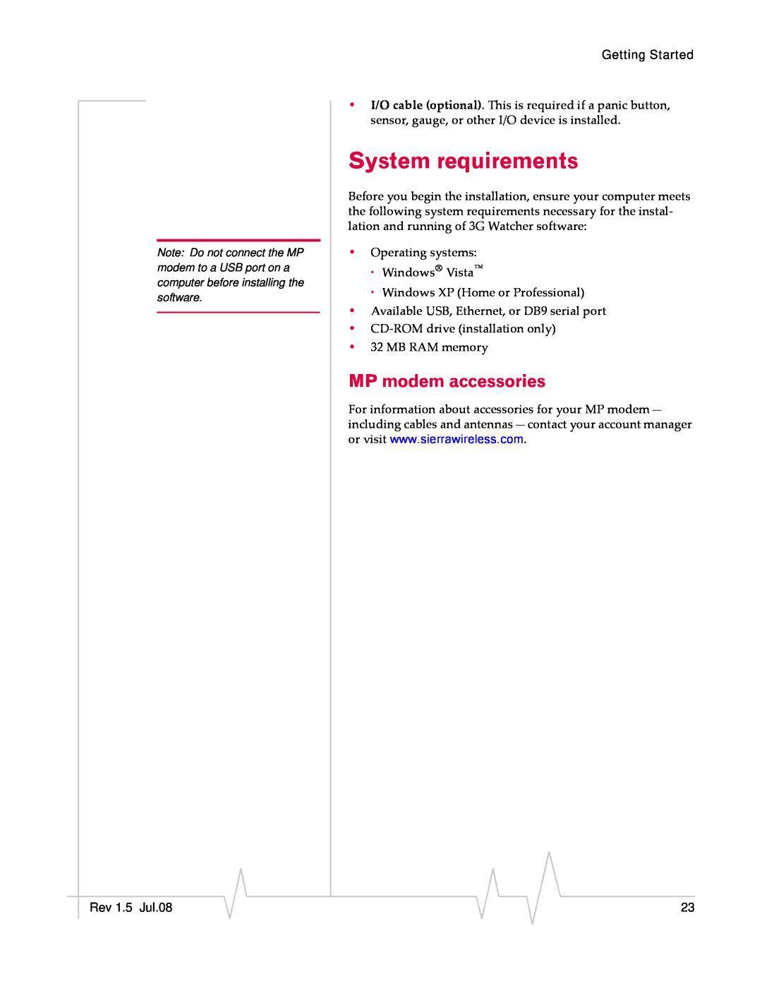Sierra Wireless MP 880W manual System requirements, MP modem accessories 