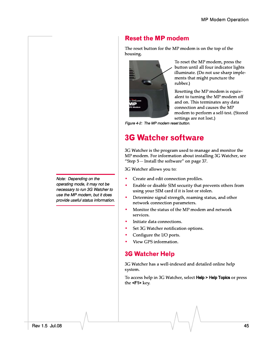 Sierra Wireless MP 880W manual 3G Watcher software, Reset the MP modem, 3G Watcher Help 